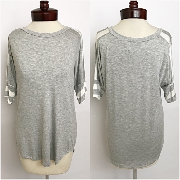 Cozy Casual Gray Striped Sleeve Tee Top SML - Picture 7 of 8